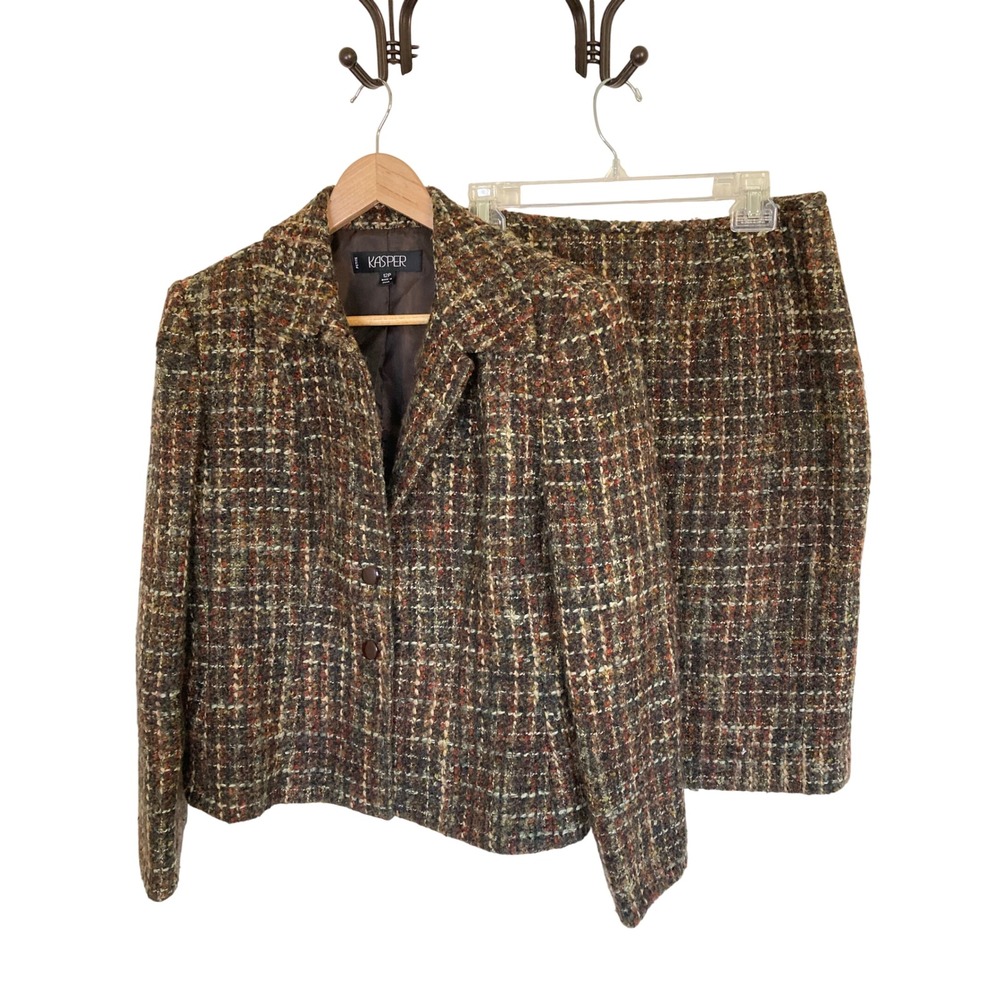 Kasper Petite Brown Multi Tweed Skirt Suit Set Blazer & Pencil Skirt 12P Classic